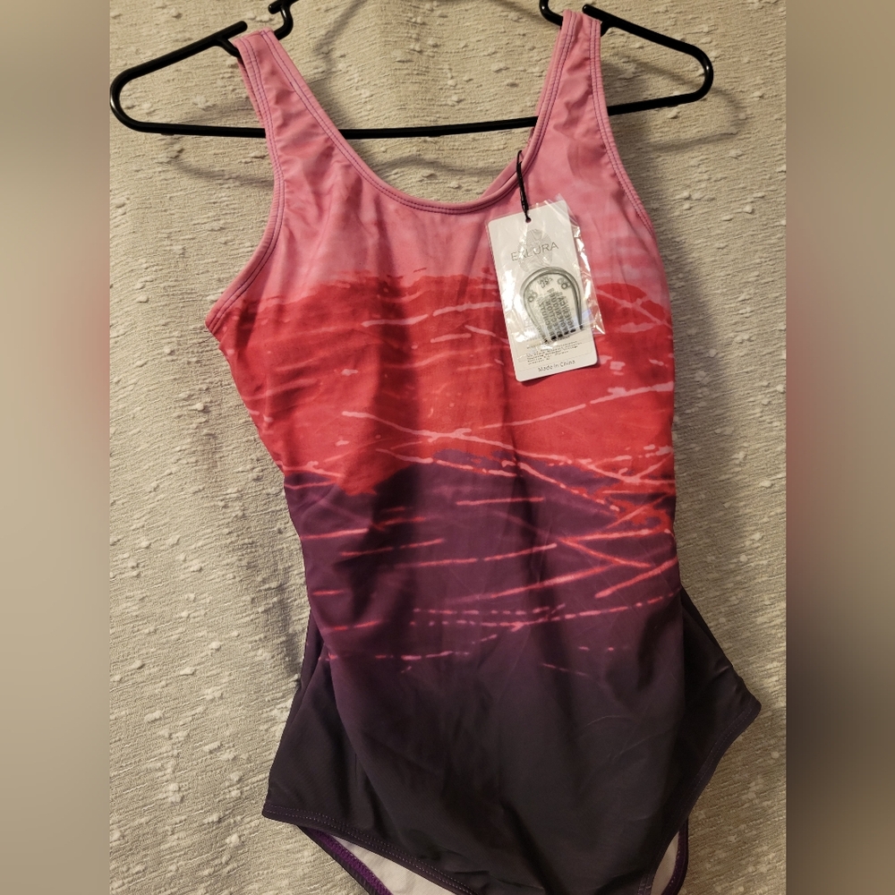 One Piece Bathing Suit Pink and Purple Criss Cross Back